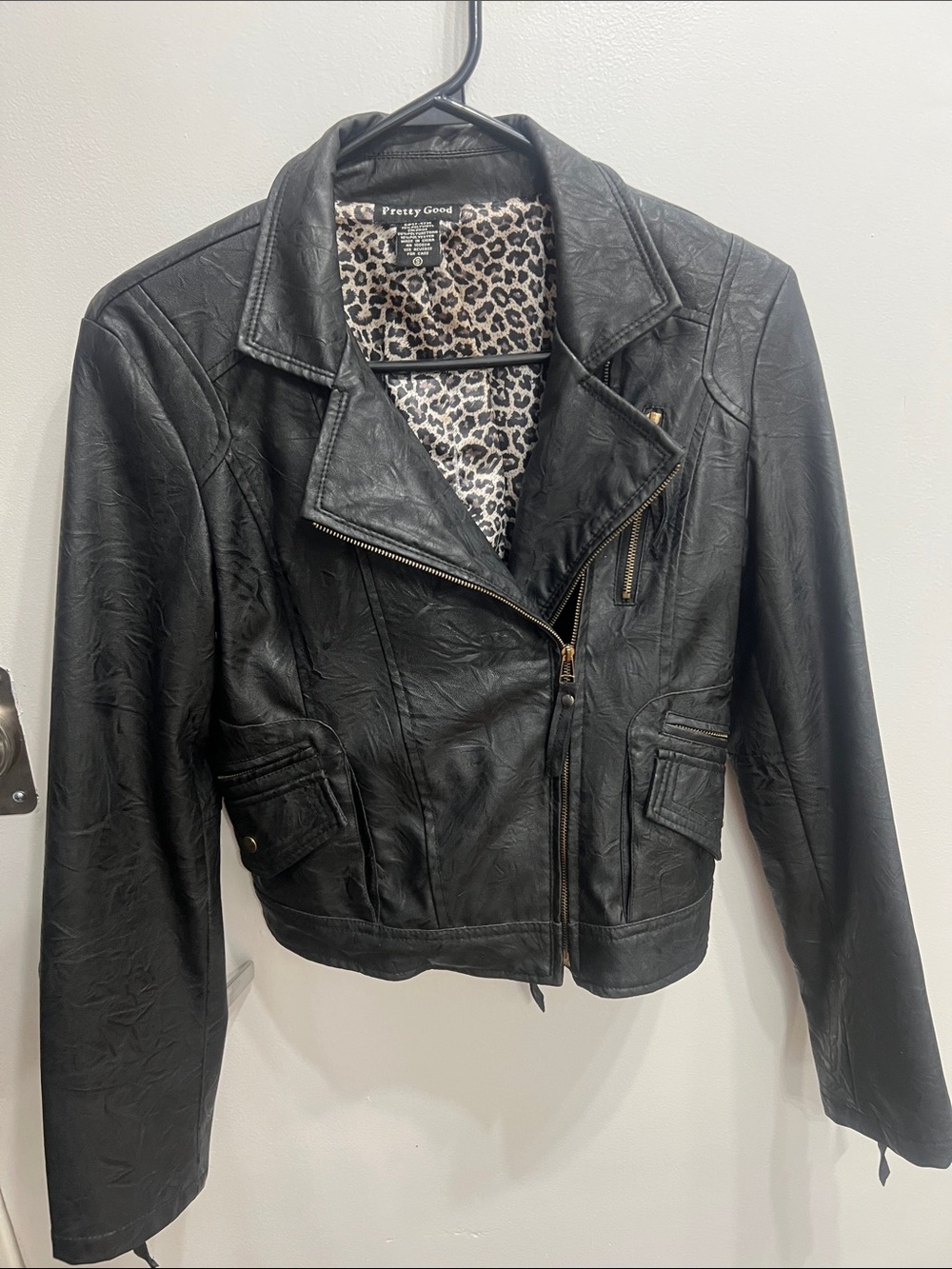 Pretty Good Black Faux Leather Moto Jacket with Leopard Lining